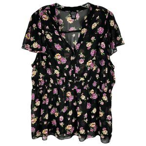 Torrid Plus Size 3X Top Floral Flutter Cap Sleeve Black Purple Smocked Sheer 458